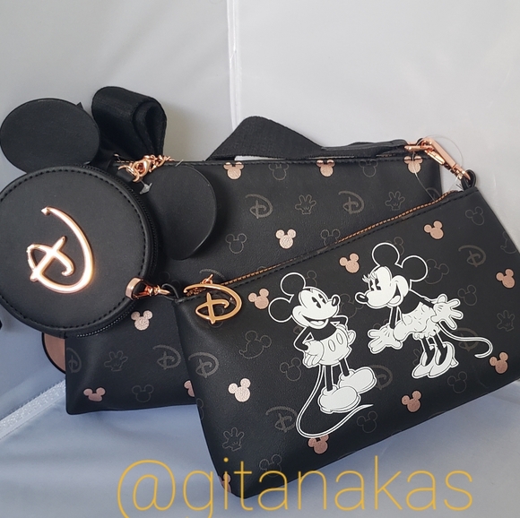 🎁 Disney Mickey Minnie Mouse Black and Rose Gold Color 3 in 1 Crossbody Bag - Picture 2 of 5